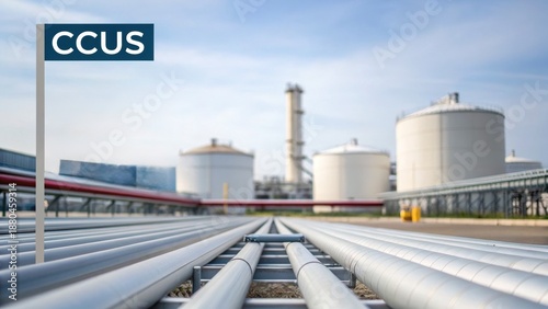 Utilization and Storage (CCUS) Industrial landscape featuring storage tanks and pipelines with a focus on CCUS technology.