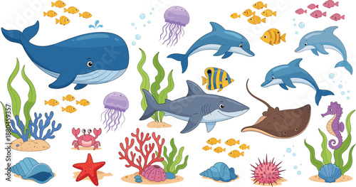 Cute cartoon underwater sea animals vector set with whale, dolphin, shark, stingray, fish, coral, and ocean life