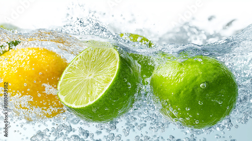 Fresh green lime and yellow lemon splashing in clear water with lots of bubbles forming.