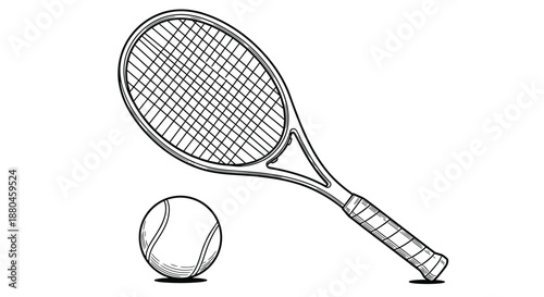Detailed line art illustration of a tennis racket and a ball isolated on white background represents sports equipment and active recreation.