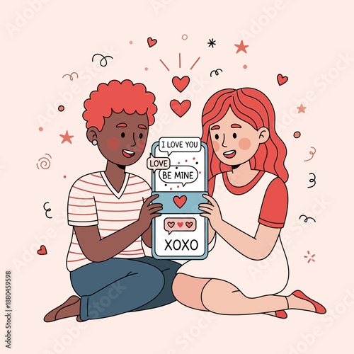 Cartoon Couple Holding Love Letter Together.