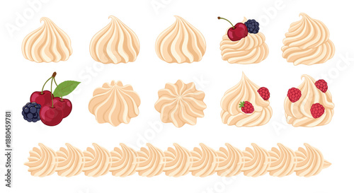 Selection of delicate meringue kisses and whipped cream swirls decorated with fresh summer berries like cherries blackberries and raspberries.