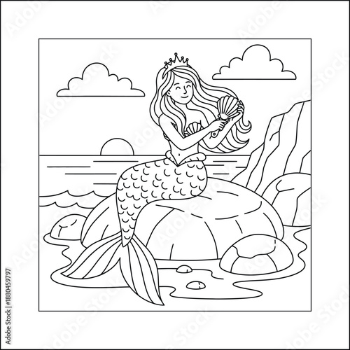 mermaid coloring page line art vector	