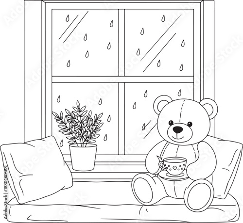 Cozy teddy bear on rainy window sill coloring page Vector