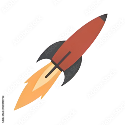 A red rocket ship soaring into the sky with flames, illustration, upward trajectory, dynamic motion, vector graphic