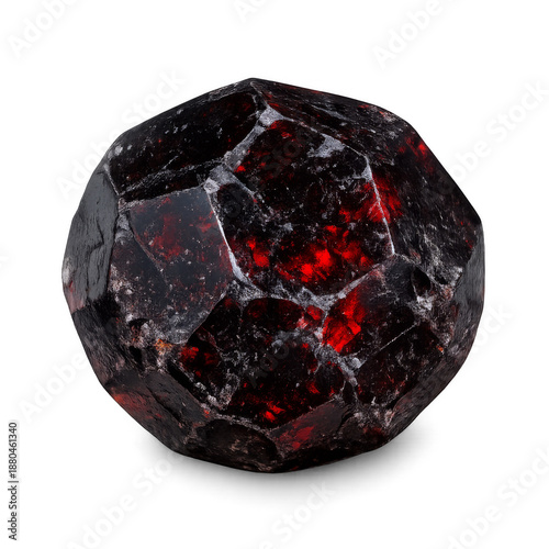 High-quality isolated almandine garnet crystal with deep red color and natural faceted shape. Realistic mineral gemstone on transparent background, suitable for jewelry design, geology projects, educa