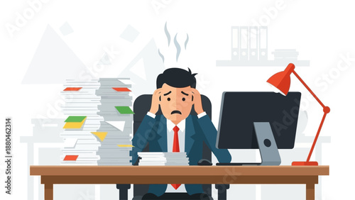 This flat design illustration depicts a stressed office worker overwhelmed by an excessive workload, symbolizing professional burnout. The scene captures the pressure of modern corporate environments