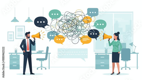 This flat design illustration depicts two colleagues struggling with miscommunication, symbolized by tangled speech bubbles and a visible gap between them