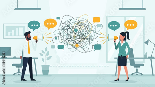 This flat design illustration depicts two colleagues struggling with miscommunication, symbolized by tangled speech bubbles and a visible gap between them