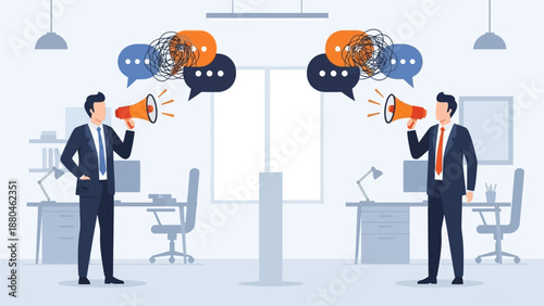 This flat design illustration depicts two colleagues struggling with miscommunication, symbolized by tangled speech bubbles and a visible gap between them