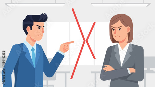 A flat design illustration showing two office workers in a clear state of conflict or disagreement, with visual cues indicating tension. This represents common interpersonal issues in the workplace