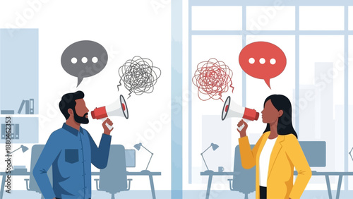 This flat design illustration depicts two colleagues struggling with miscommunication, symbolized by tangled speech bubbles and a visible gap between them