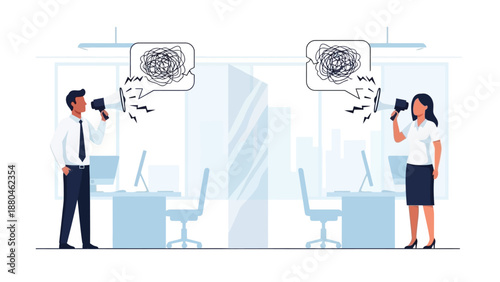 This flat design illustration depicts two colleagues struggling with miscommunication, symbolized by tangled speech bubbles and a visible gap between them
