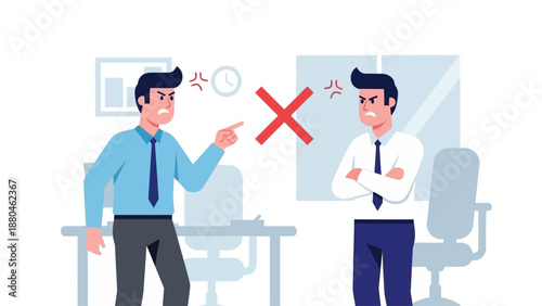 A flat design illustration showing two office workers in a clear state of conflict or disagreement, with visual cues indicating tension. This represents common interpersonal issues in the workplace