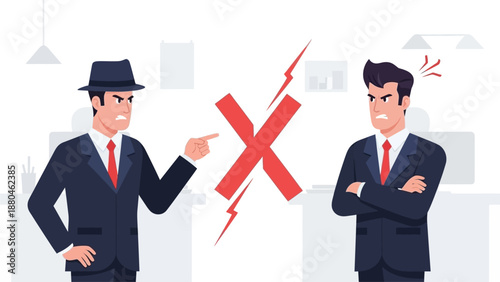 A flat design illustration showing two office workers in a clear state of conflict or disagreement, with visual cues indicating tension. This represents common interpersonal issues in the workplace