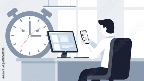 This flat design illustration portrays an office worker procrastinating by using a phone, neglecting urgent tasks and looming deadlines.