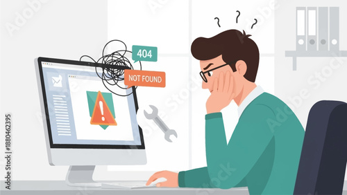 A flat design illustration capturing the frustration of an office worker facing technology issues, such as a computer error or network problem