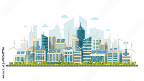 Sustainable cityscape with solar panels and wind turbines in modern metropolis