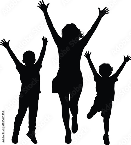 Vector silhouettes of a happy mother and children jumping with joy for family celebration motherhood childhood and active lifestyle concepts isolated