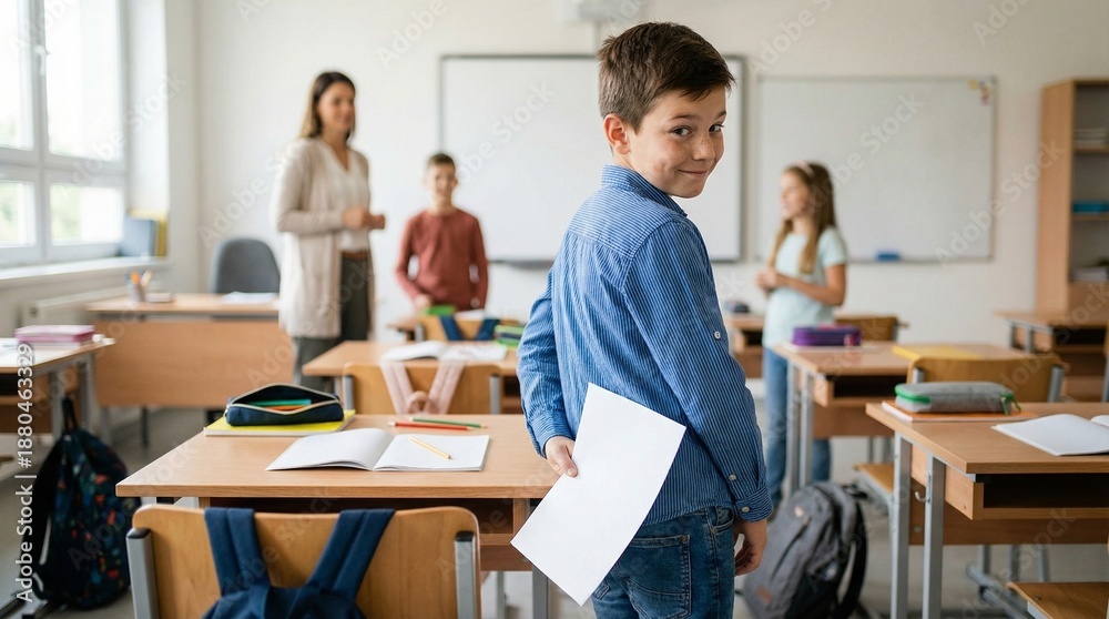 Obraz premium Boy hiding paper behind back in classroom, mischievous student holding blank sheet during lesson