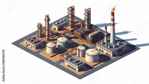 Industrial Factory Complex with Storage Tanks and Smokestacks.