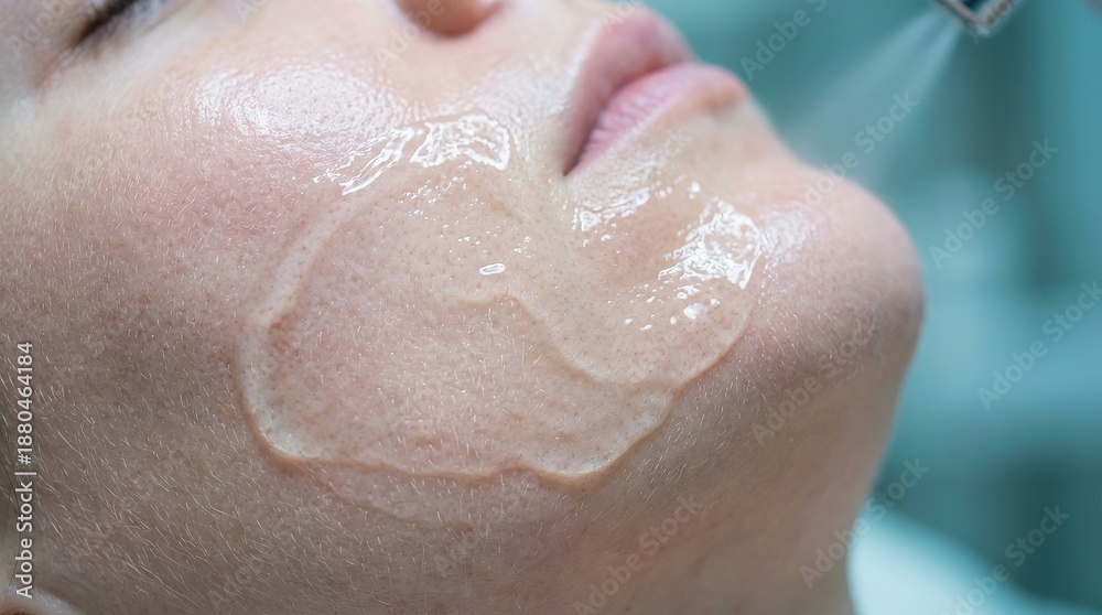 Naklejka premium Facial skin care treatment with cooling gel and mist