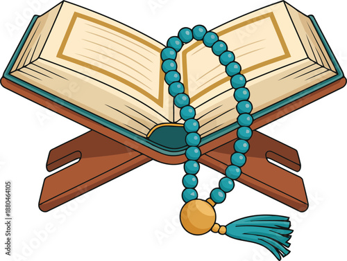 An open sacred book with light green accents rests on a wooden reading stand accompanied by turquoise prayer beads