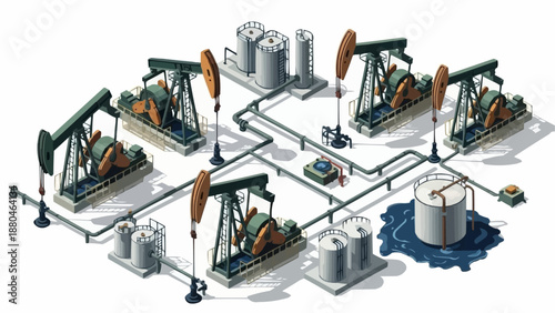 Oil pump jacks and storage tanks connected by pipelines isometric view.