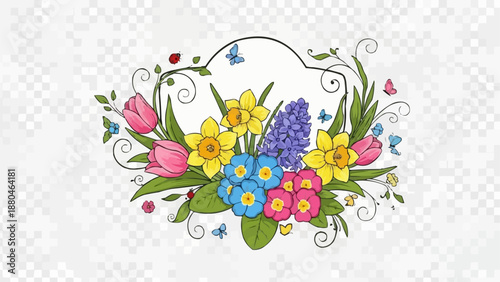 Spring floral arrangement with tulips daffodils hyacinths and forget-me-nots.