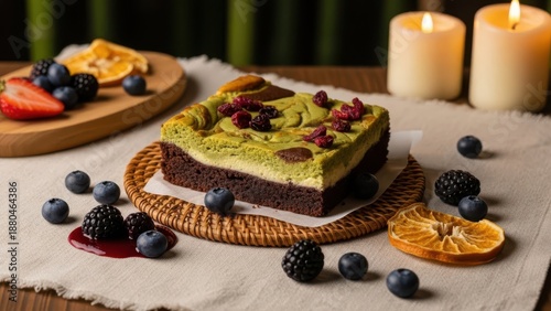Wallpaper Mural Slice of green tea or matcha brownie cheesecake with dark berries and dried orange slices, set on a woven mat with candles in the background Torontodigital.ca