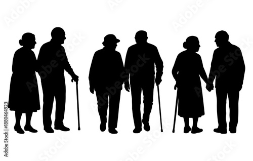 Vector illustration. An elderly couple of pensioners. A large set of people.	