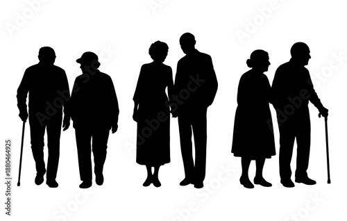 Vector illustration. An elderly couple of pensioners. A large set of people.	