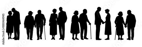 Vector illustration. An elderly couple of pensioners. A large set of people.	