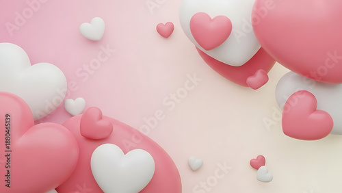 A cluster of three-dimensional glossy pink and white heart shapes floats gently against a soft gradient background suggesting romance or love.
