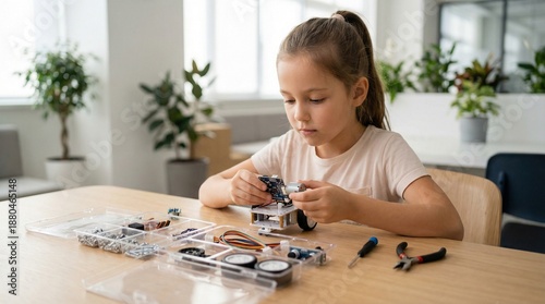 Young girl building robot, STEM education child assembling robotics project with tools