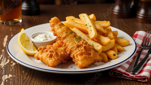 Crispy battered fish fillets are served hot with thick-cut golden french fries, tartar sauce, and a fresh lemon wedge on a white plate.