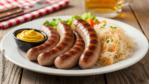 Three grilled sausages are served on a white plate beside a small bowl of bright yellow mustard and shredded cabbage.
