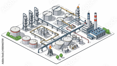 Industrial Oil Refinery Plant Complex Isometric Illustration.