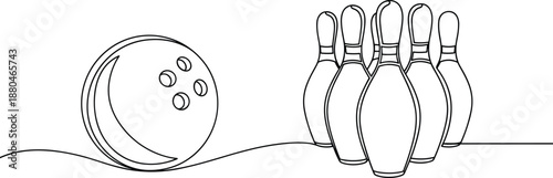 one line drawing of a bowling ball and pins on a wooden lane for sports competition concept