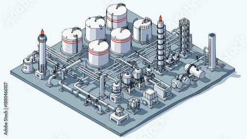 Industrial Oil Refinery Complex with Storage Tanks and Pipelines.
