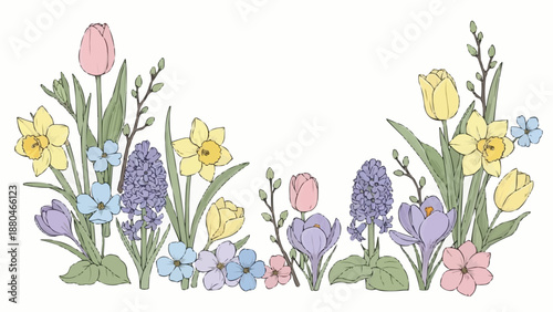 Spring floral arrangement with tulips daffodils hyacinths and other flowers.