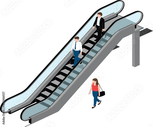 Isometric vector illustration of business people using an escalator in a modern office building