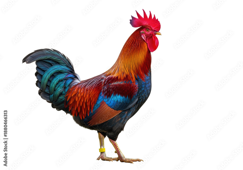 Fototapeta premium majestic cockerel with fiery red and iridescent blue plumage, large crimson comb, and leg identification band, isolated on a high-key background for commercial use concept