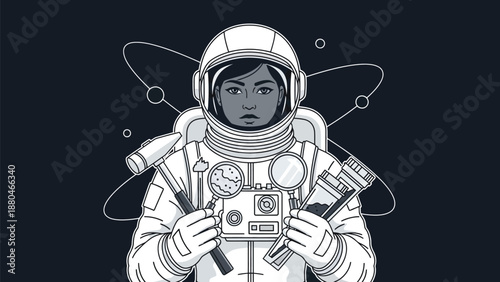 Determined female astronaut scientist in a detailed spacesuit holding various scientific instruments representing space exploration and extraterrestrial discovery
