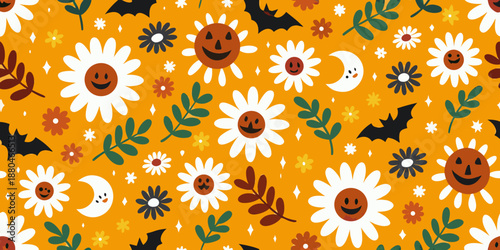 halloween themed flowers and bats on orange background with smiling faces