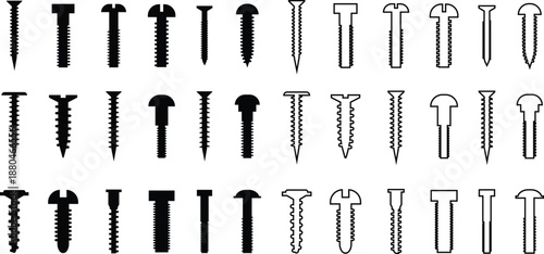 Self Tapping Screw Black Flat Line Style Vector Icon Set, Fastener Hardware Symbol Collection and Construction Outline Graphic Group Featuring Screw, Bolt and Fixing Equipment