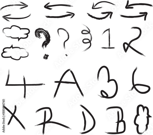Handwritten symbols and characters on a white background