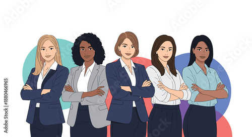Group of five diverse businesswomen standing with their arms crossed in professional attire against colorful round shapes.