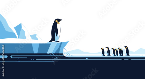 Minimalist illustration of a large penguin standing on an icy cliff watching a small group of penguins walking on the ice.