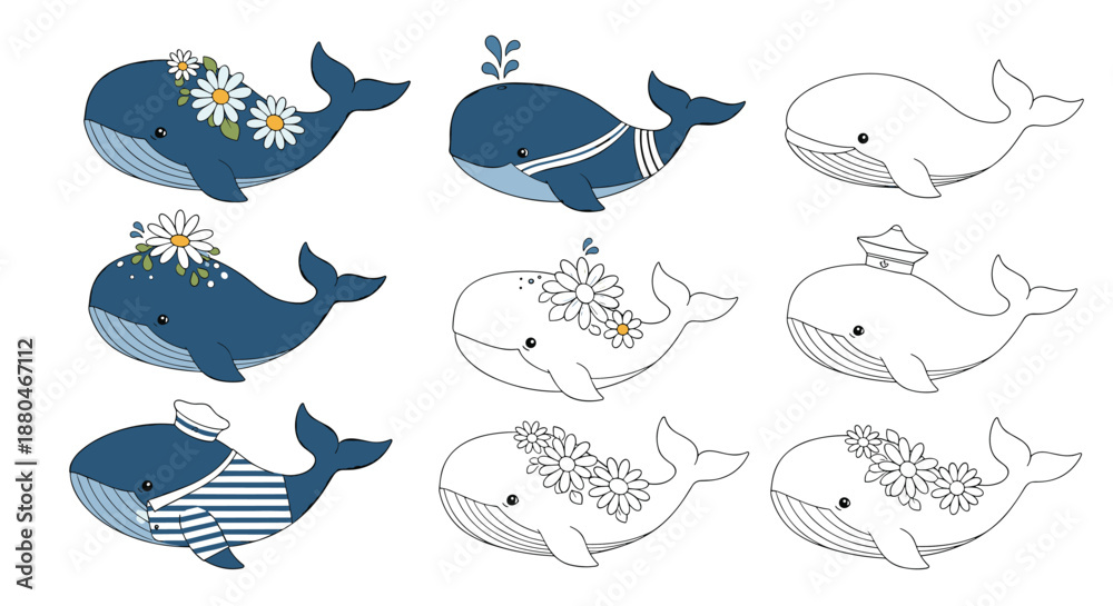 Obraz premium Collection of charming whale illustrations with different maritime themes like flowers sailor hats and striped patterns.